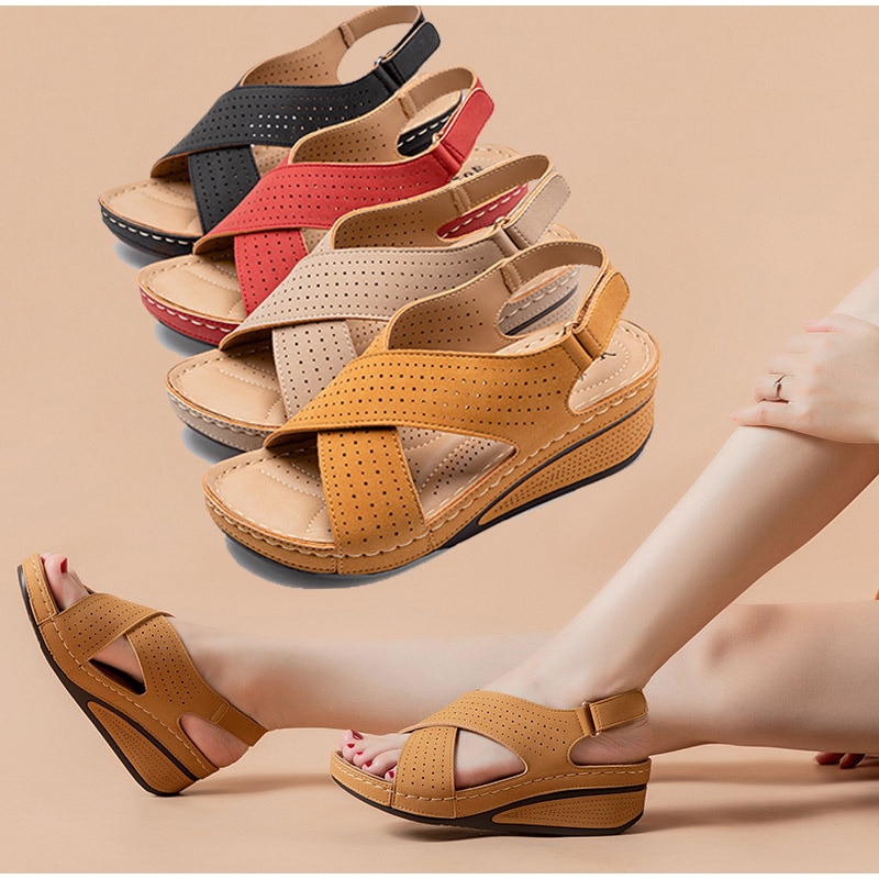 Women Wedges Sandals Hollow Sewing Pu 