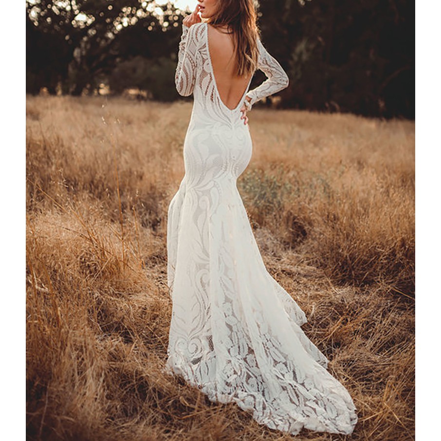 Open Back Wedding Dresses Beautiful Lace Backless Long Sleeve