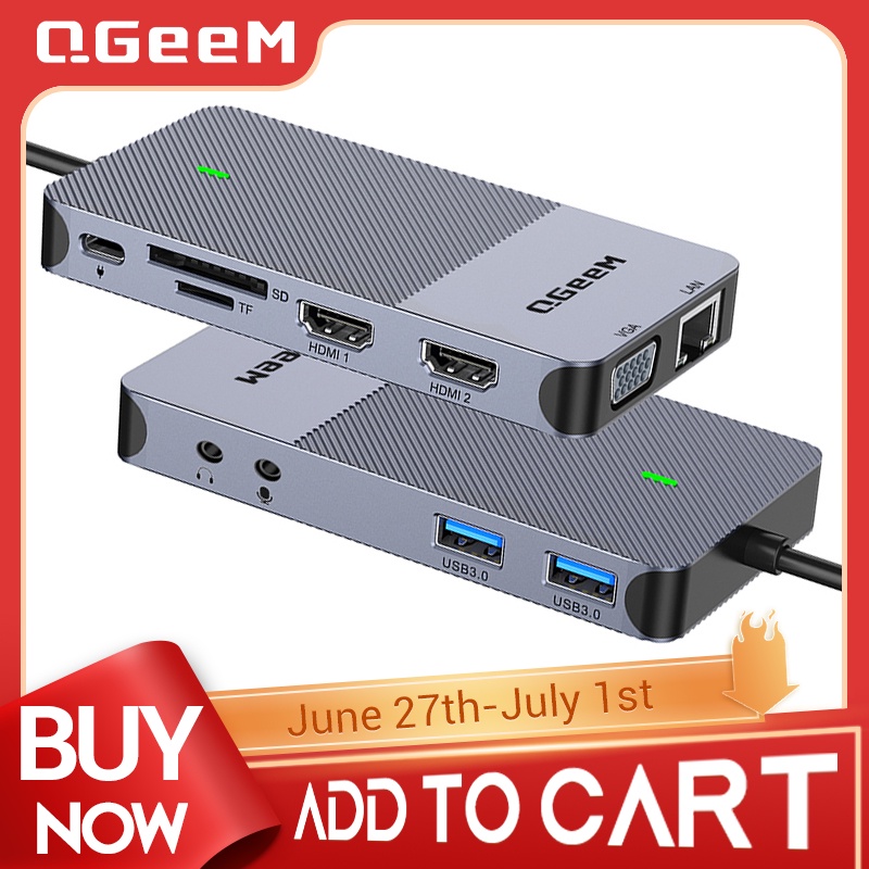 QGeeM USB C Hub Docking Station Triple Display Dual HDMI VGA USB