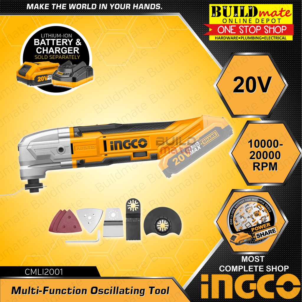 INGCO Cordless MultiFunction Oscillating Tool with Accessories 20V