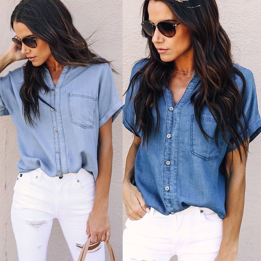 women's short sleeve denim tops