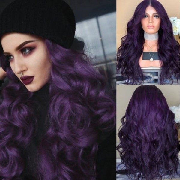 Women Dark Purple Long Curly Wig Synthetic Wavy Hair Heat