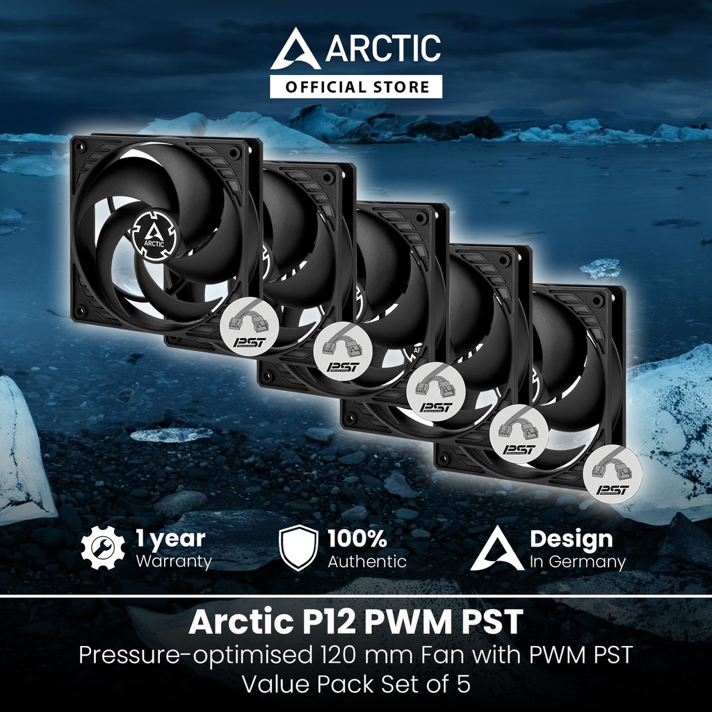 thumbnail image 2 of ARCTIC P12 Pro PST - 5 Pack - Powerful Premium Fan, 120 Mm PWM Fan With Y-Cable Splitter, 600-3000 RPM, 0 RPM <5% PWM, Fluid Dynamic Bearing, 4-Pin - Black 2 of 14