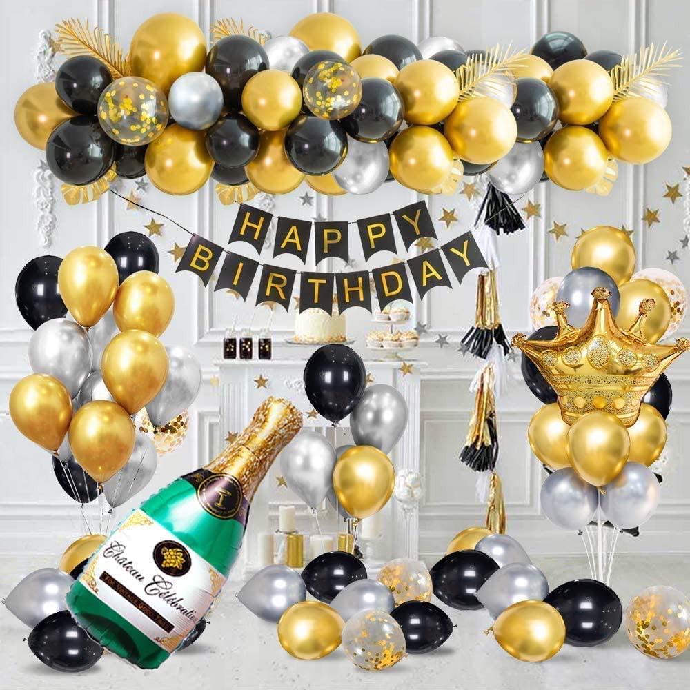 Set Luxurious Birthday Party Decoration With Metallic Metal Happy Birthday Banner Black Gold And Silver Confetti Balloon Supplies 18 21 Years Old 30th Birthday Crown Latex Aluminum Foil Balloon Shopee Philippines