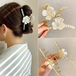 Hairpin 2021 Net Red New Five Petal Flower Grasping Clip Hairpin Female Pearl Back Of Head Shark Clip Large Hair Grasping Headdress