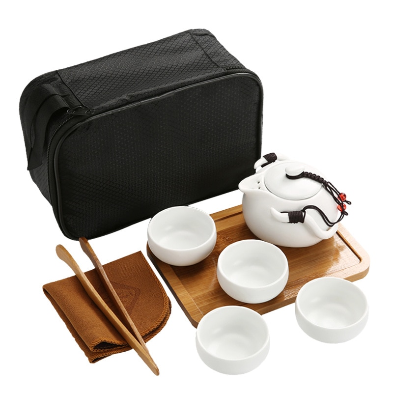 Portable Travel Tea Set Chinese/Japanese Vintage Kungfu Tea Set Porcelain Teapot Bamboo Tea Tray Bamboo Tweezer with Portable Travel Bag Black 