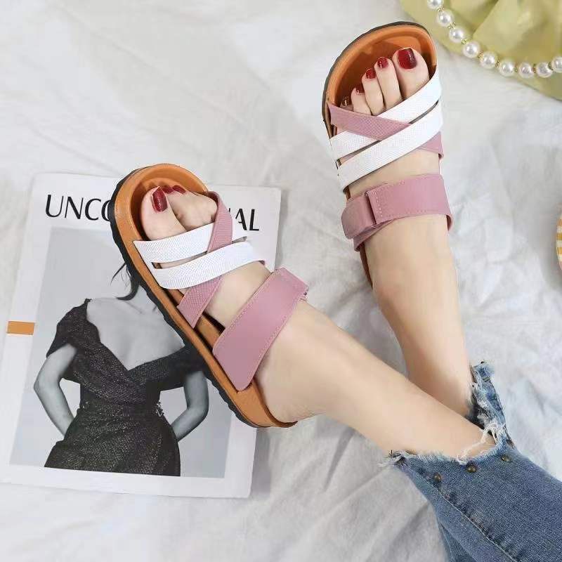 ST&SATKorean Sandals Flat Slippers Cross Strap Velcro (add 2 size bigger)