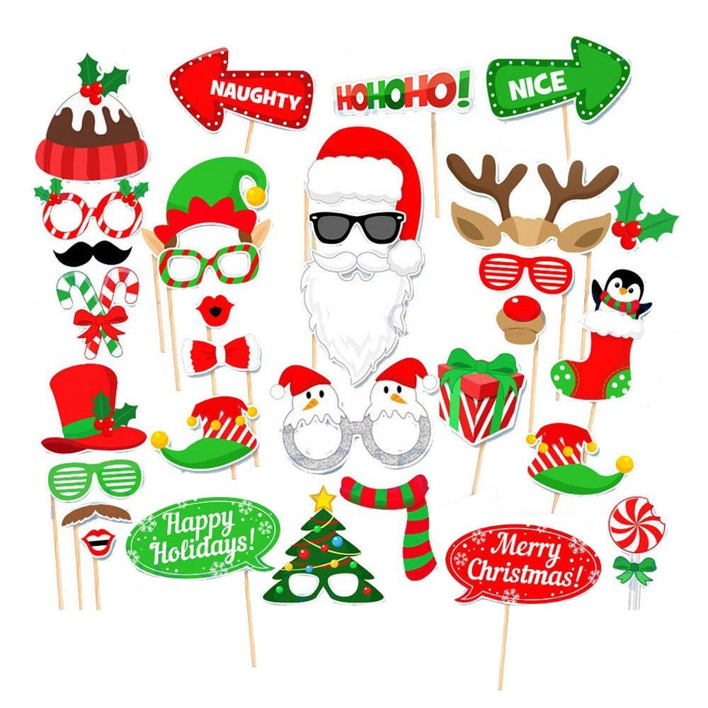 32x Party Photo Booth Props Kit Happy Christmas Pose Sign Photobooth ...