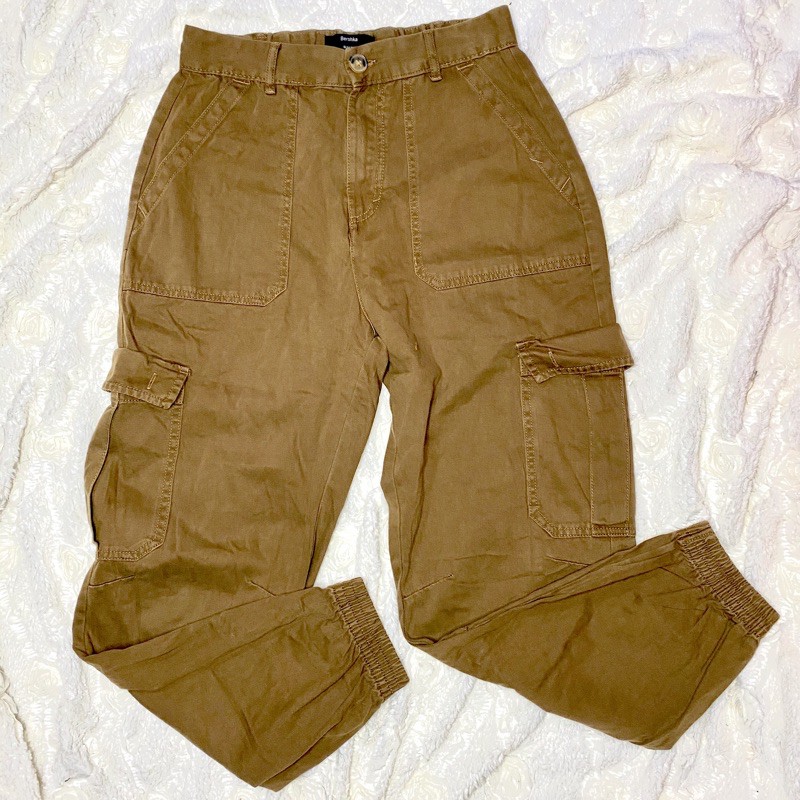 bershka pocket front utility denim jacket in beige