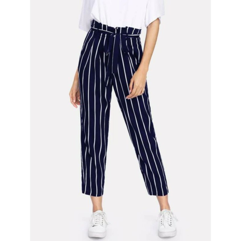 SHEIN Navy Blue and White Self-Belt Striped Garterized Pants | Shopee  Philippines