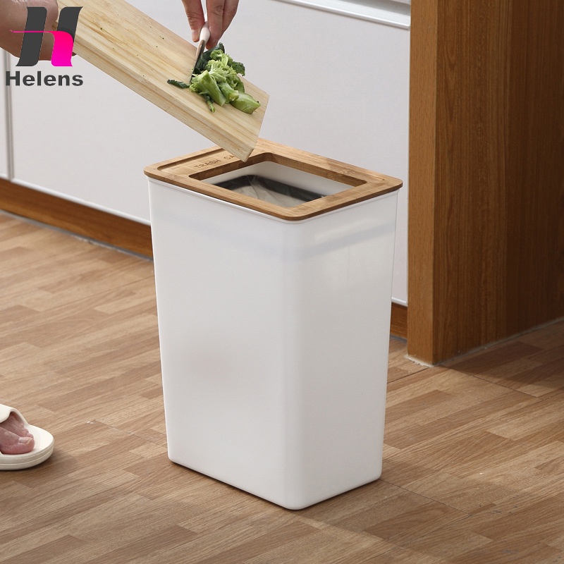 White Trash Can with Wooden lid Simple Nordic Style Bedroom Bathroom