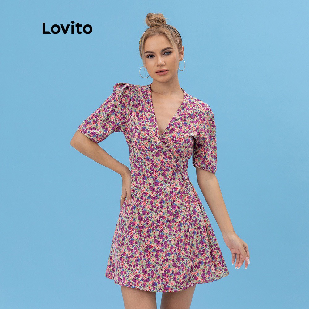 Lovito Cute Floral Print Puff Sleeve Dresses L06040 Purple Shopee