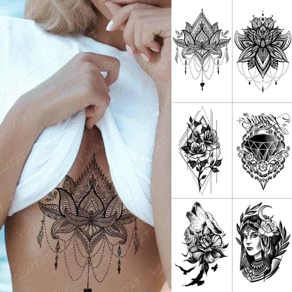 Black 2PCS Temporary Tattoos Shoulder And Chest Tattoos Sun Pattern Waterproof Tattoos Stickers Fake Tattoos for Men Women 
