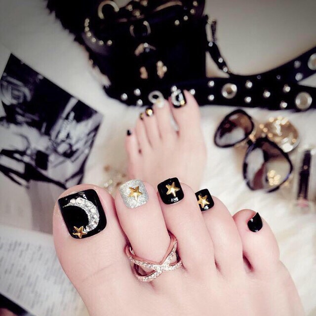 24pcs Summer Cute Black Star Pre Design Foot Nail Art Shopee