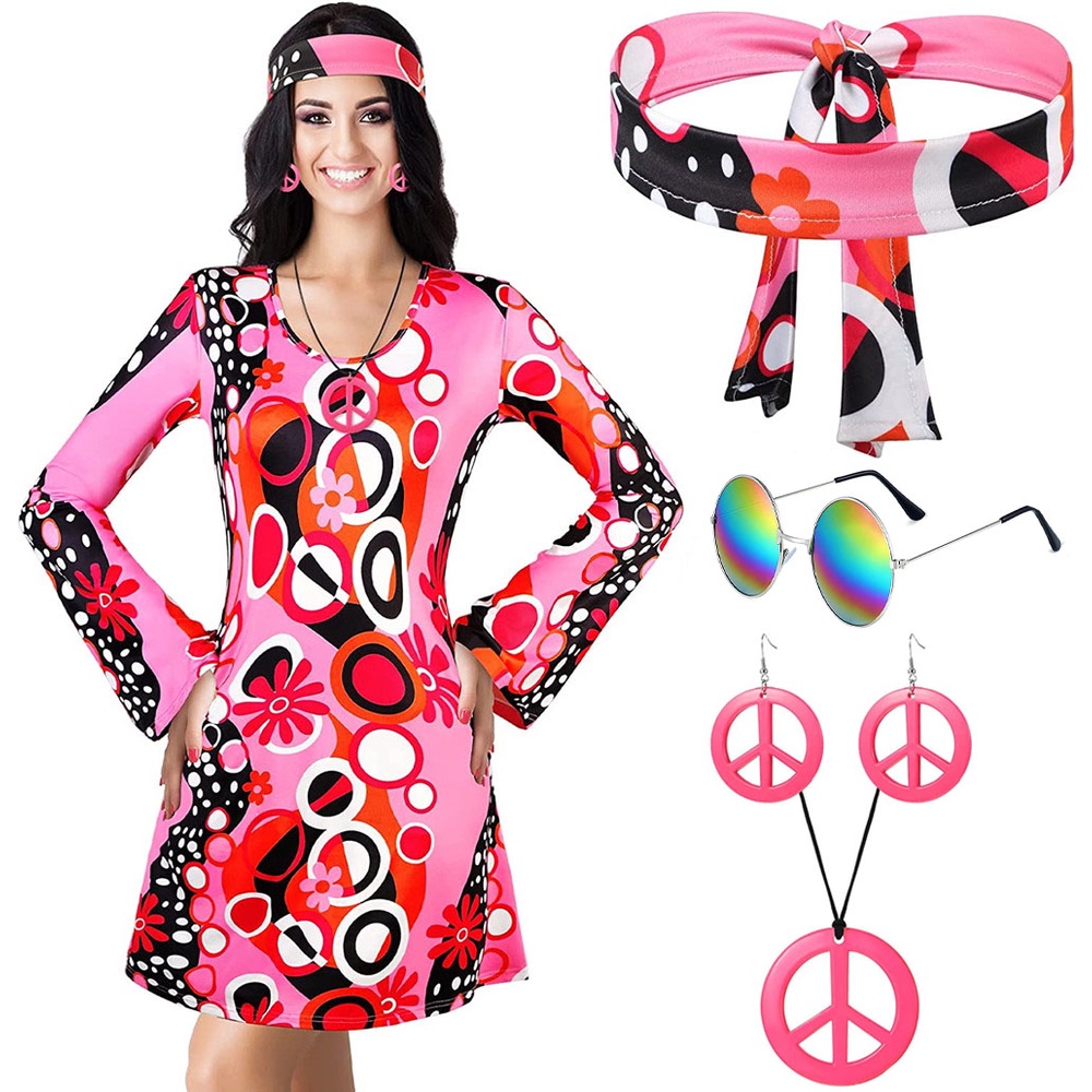 MRYUWB 70s Hippie Dress Costumes Necklace Earrings Sunglass Women Disco  Outfit, 60s Party Costume, Halloween Retro Dresses | Shopee Philippines