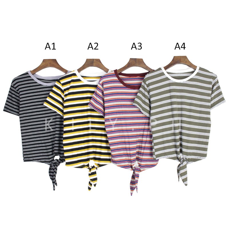 Kily.PH Stripe Casual Shirt Tie Shirt Knitted Crop Top 6A0068 | Shopee ...