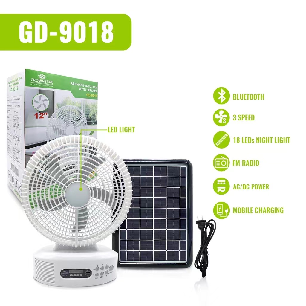 GDPLUS GD9018 Solar Power Desk Fan Rechargeable Fan with Bluetooth Fm