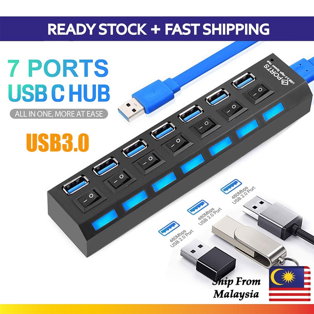 7 Port USB 3.0 Hub Adapter Multiport Adapter High Speed USB Hab 3.0