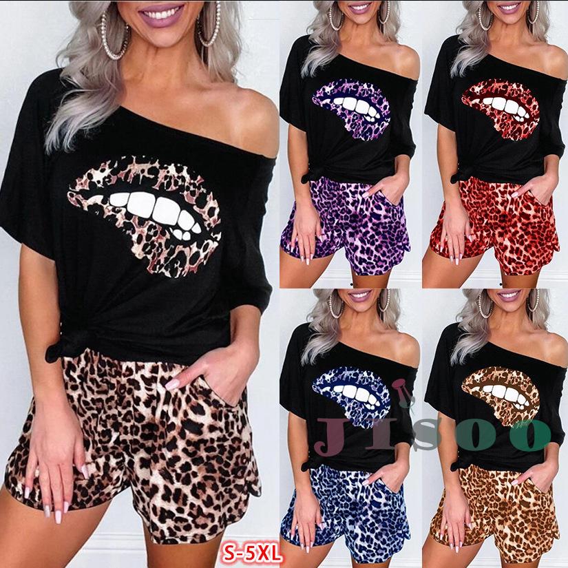 I I2 Pieces Suit Set Women S Leopard Print Boat Neck Short Sleeve T Shirt And Shorts Gray Red Yellow Blue Purple Shopee Philippines
