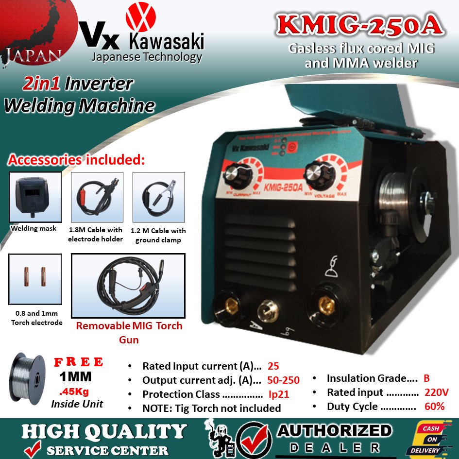 VX KAWASAKI 2IN1 Inverter Welding Machine KMIG250A ARC MMA Welding, Gasless MIG Welding with