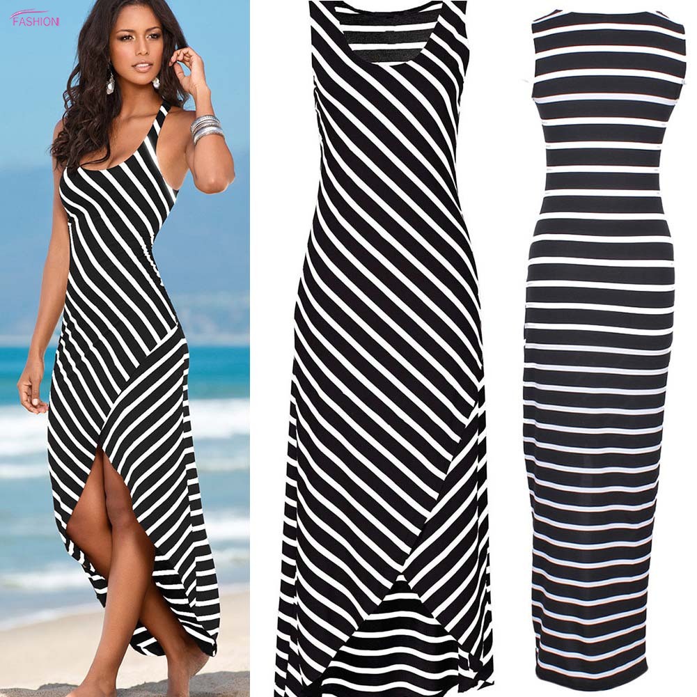 Women Lady Sleeveless Stripe Bodycon Dress Sundress for Summer Beach ...