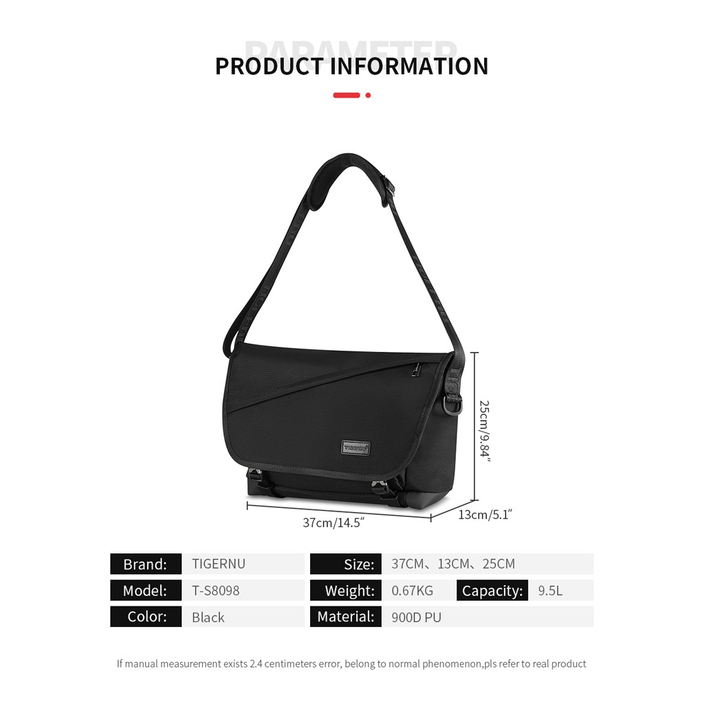 Unisex Multi-Purpose Bag TIGERNU Shoulder Bag Black Messenger Bag Tablet Bag Waterproof 