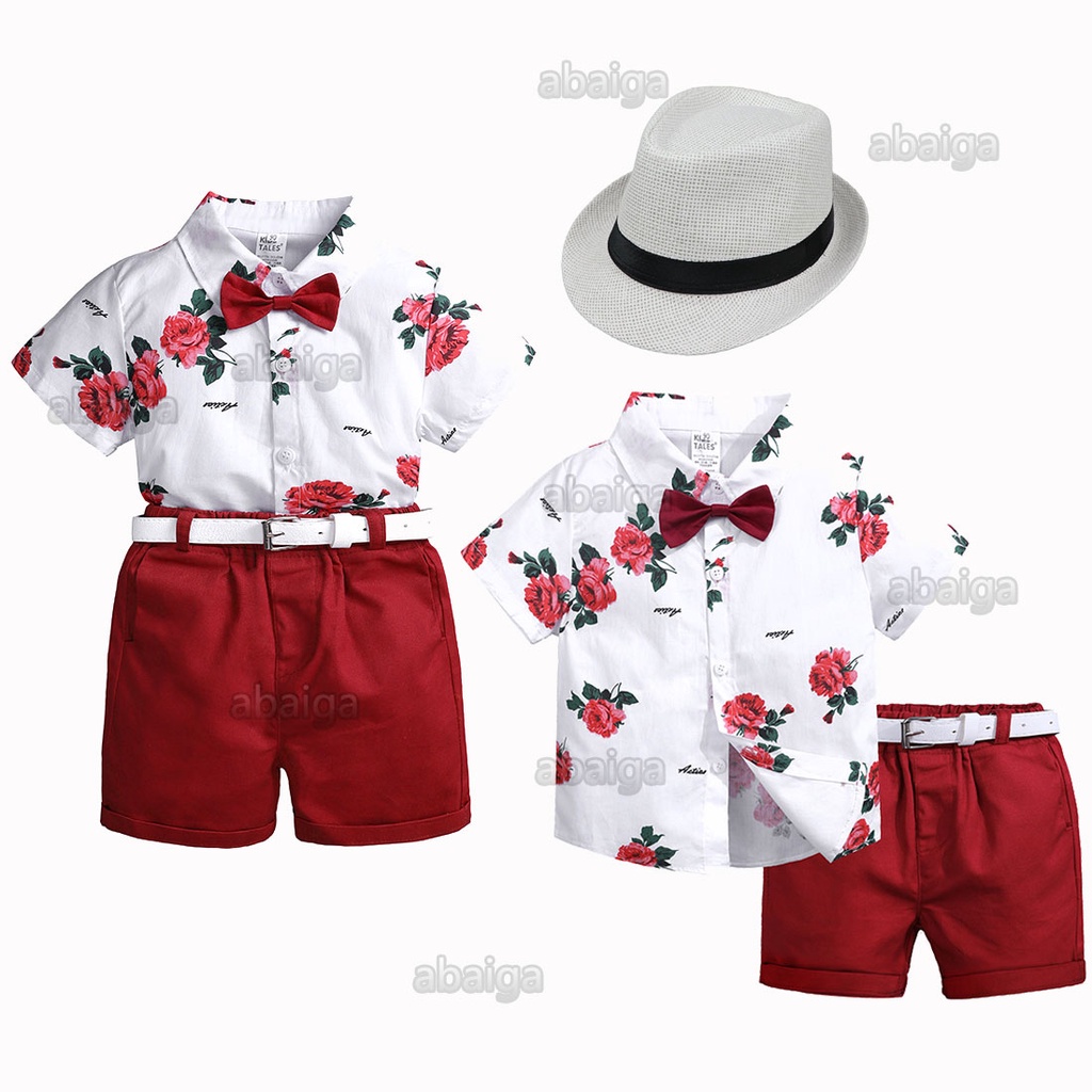 18years Old Hawaiian Polo Rose Print Shirt Shorts Belt Set Kids Ootd Jungle Costume Baby Boy