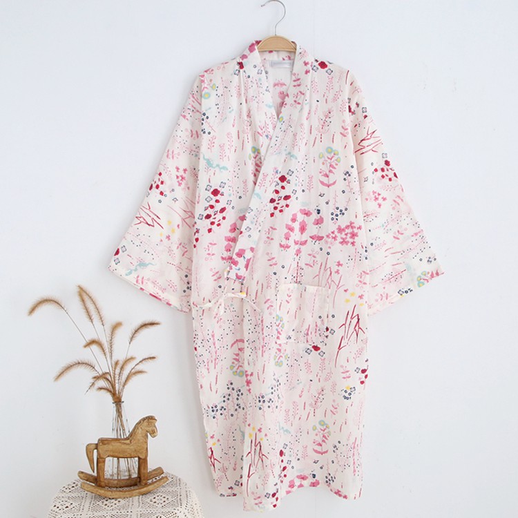 Ready Stock Japanesestyle cotton gauze kimono night gown home service spring and autumn long