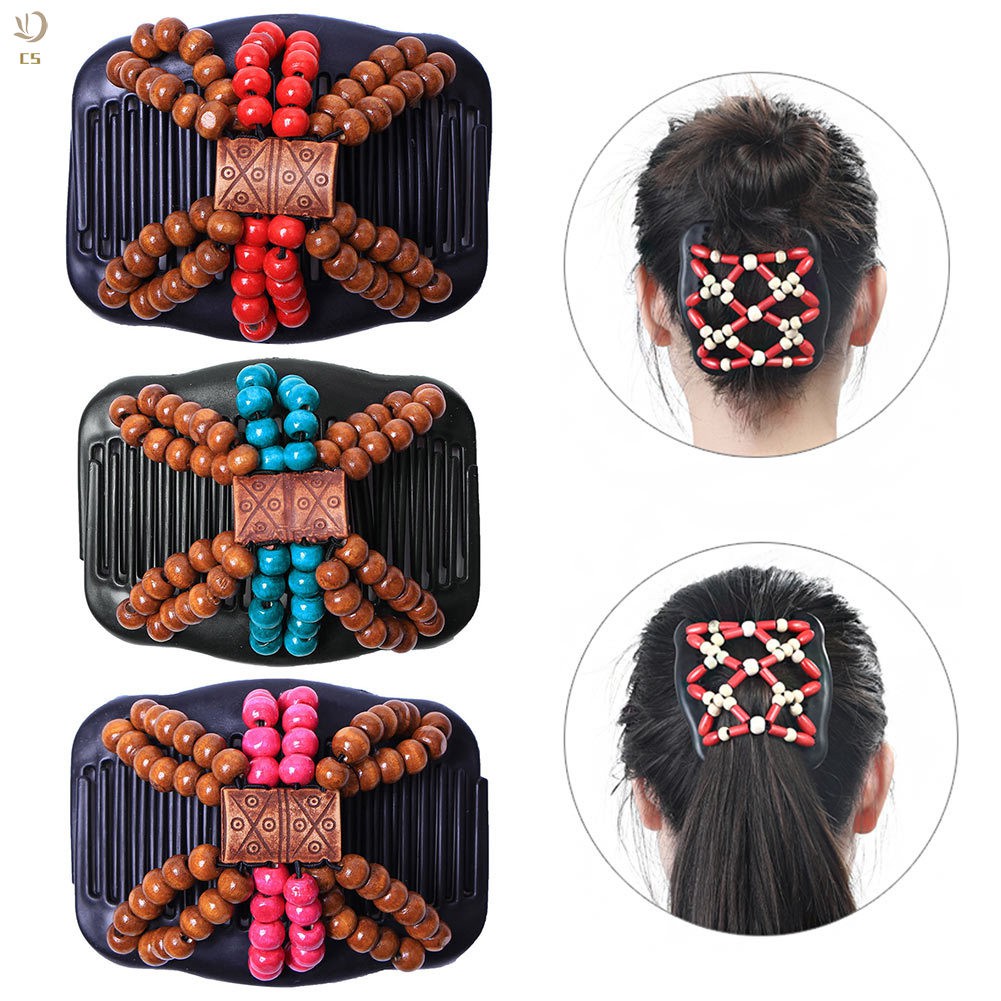 Double Beaded Thick Hair Clip Combs Beads Elastic Hairpin Bun