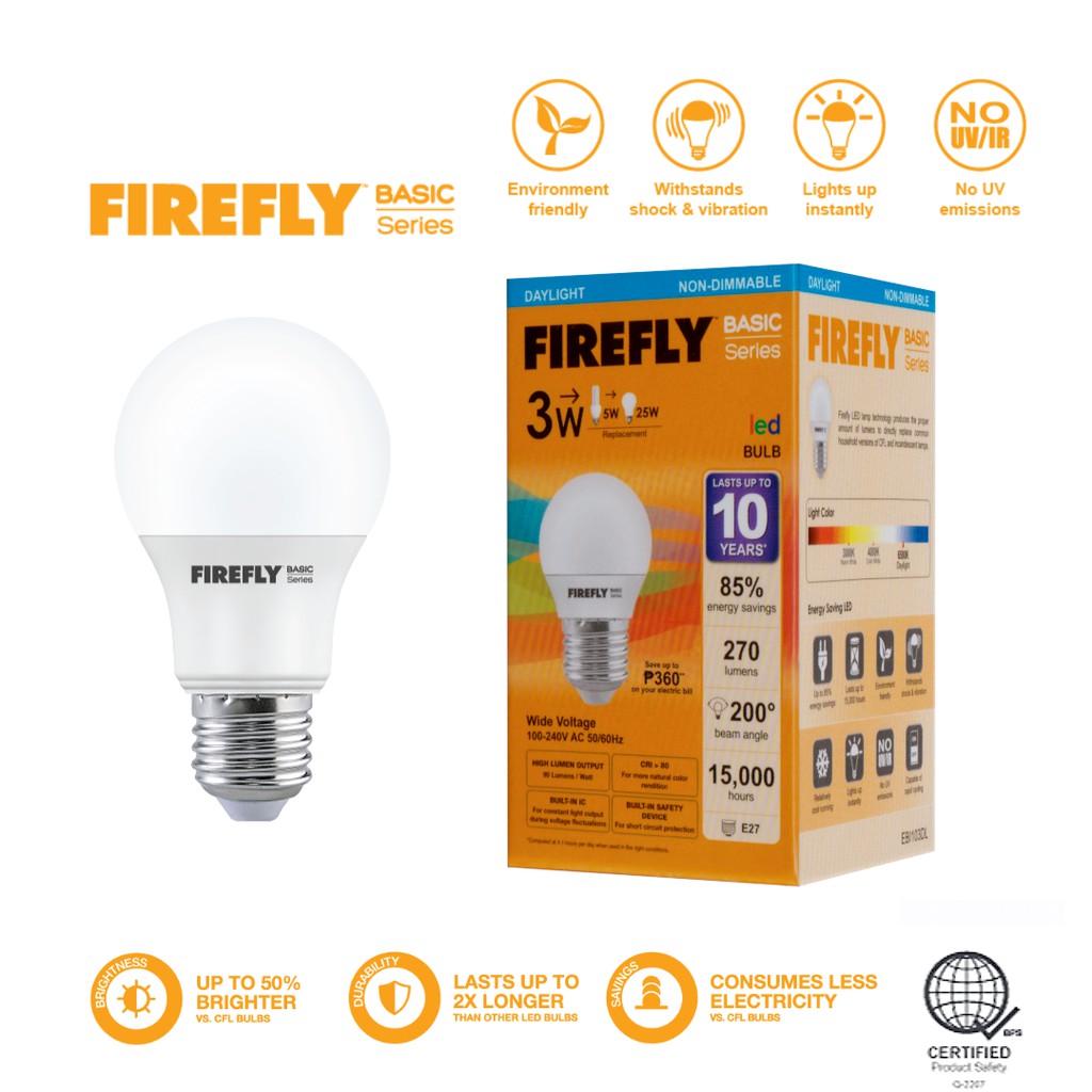 Firefly LED Light Bulb Basic Series 3 watts Daylight | Shopee Philippines