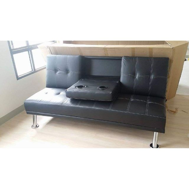 Cod Leather Sofa Bed With Cup Holder, Black Leather Sofa Bed With Cup Holder