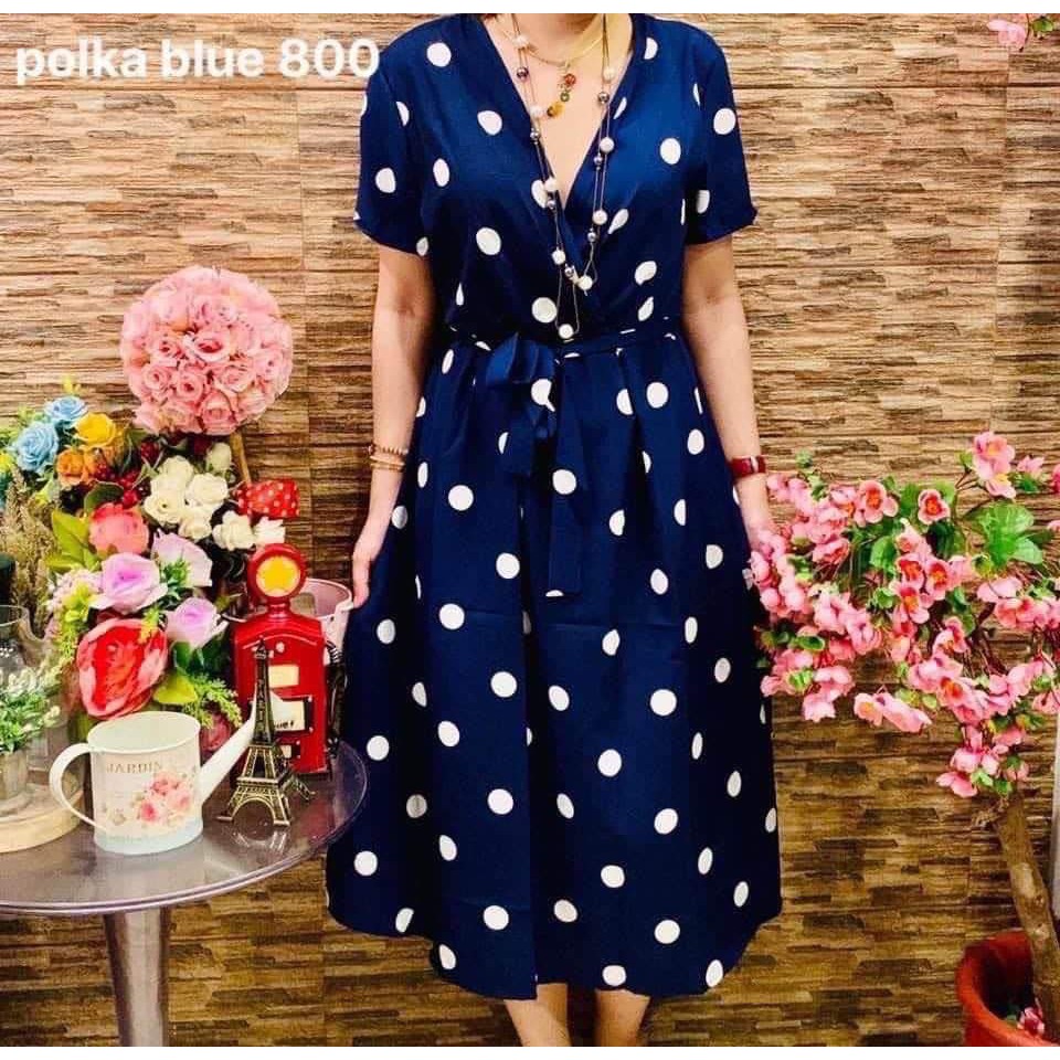 pink and blue polka dot dress