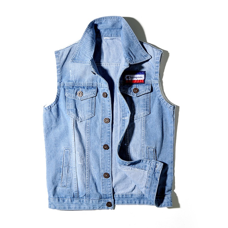 blue denim waistcoat