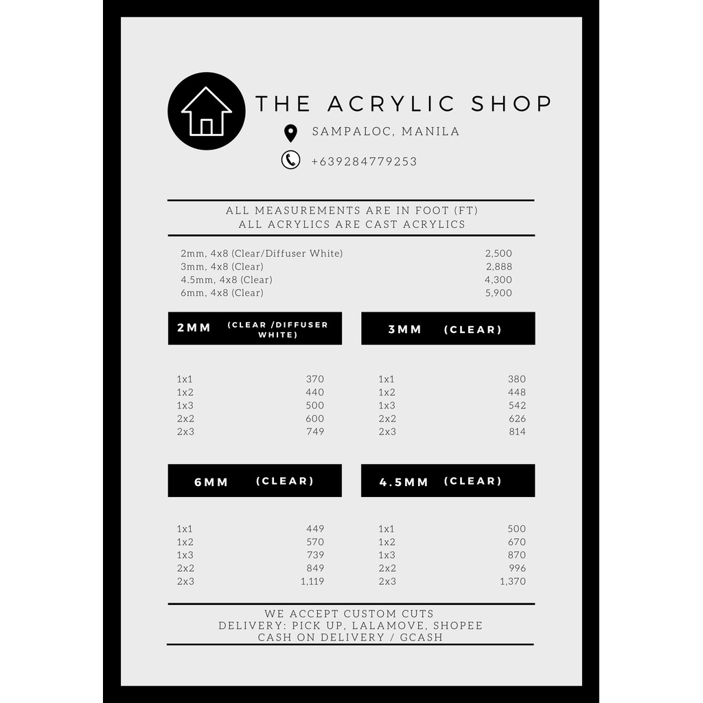 acrylic sheet ACRYLIC SHEET Clear and White (2MM, 3MM, 4.5MM, 6MM)