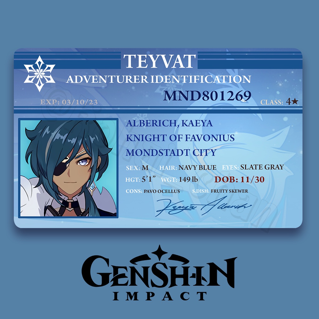 Kaeya Genshin Impact Adventurer Identification ID Card | Shopee Philippines