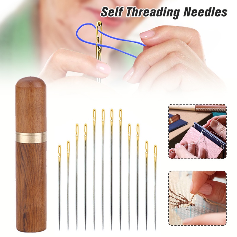 12 Pieces Self Threading Needles Side Hole Blind Needle with Wooden ...