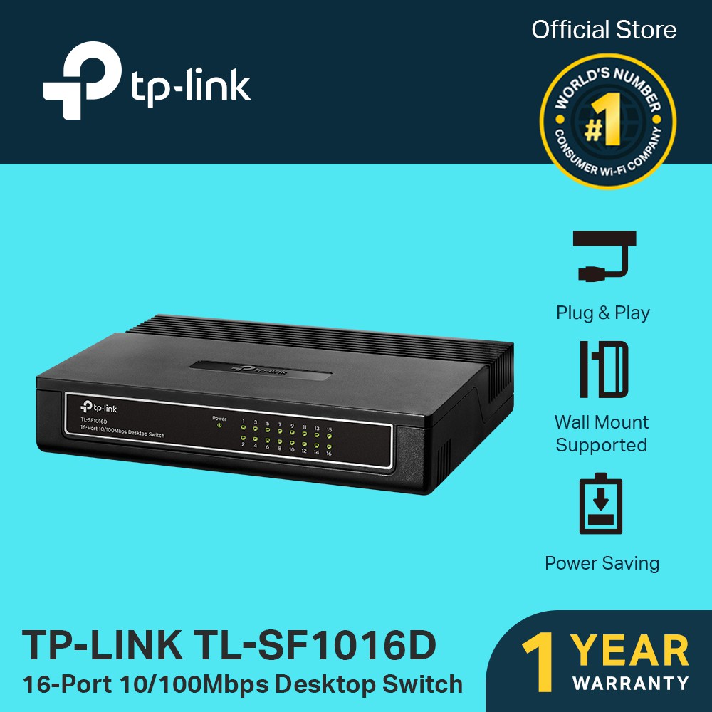 TP-Link TL-SF1016D Desktop Fast Ethernet Netzwek Switch 16x 10/100Mbit/s Ports, Kunststoffgehäuse, Plug&Play 