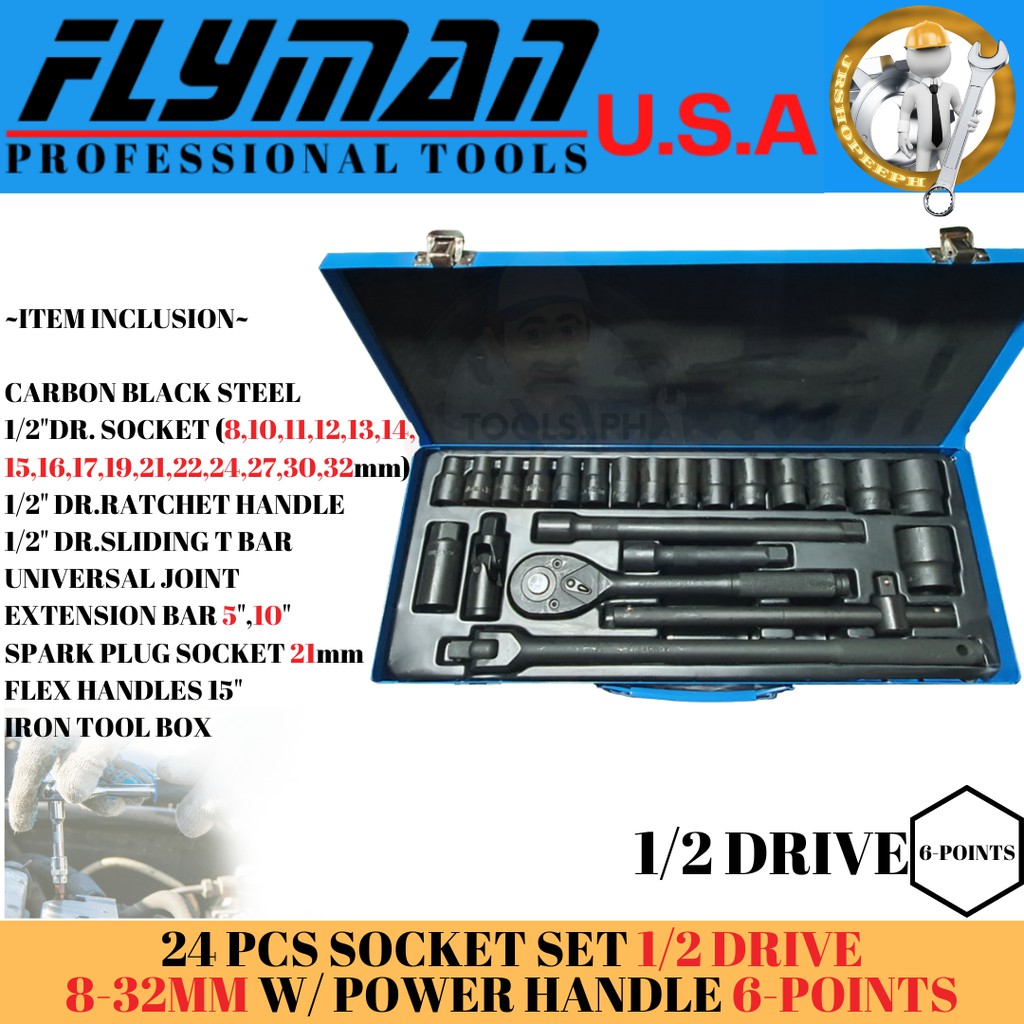 Jrshopeeph Flyman 24Pcs Socket Set 8Mm 32Mm 1 2 Drive 6Points Original Flyman Usa Complete Tools