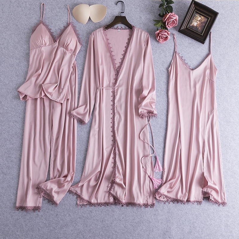 Satin Lady Robes Suit Sexy Kimono Bathrobe Full Slip Lace Bride