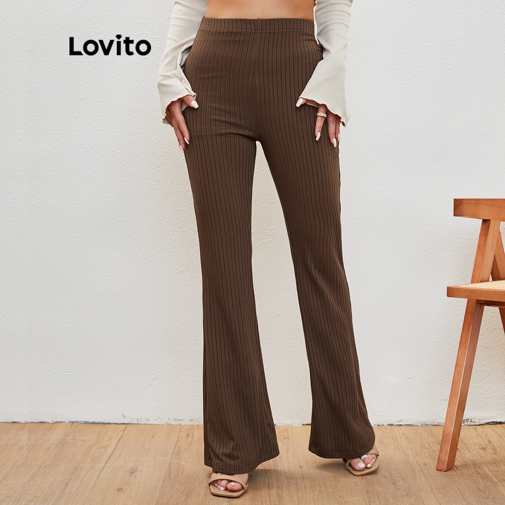 Lovito Modest Plain Elastic Waist Flare Leg Pants L20D068 (Mocha Brown