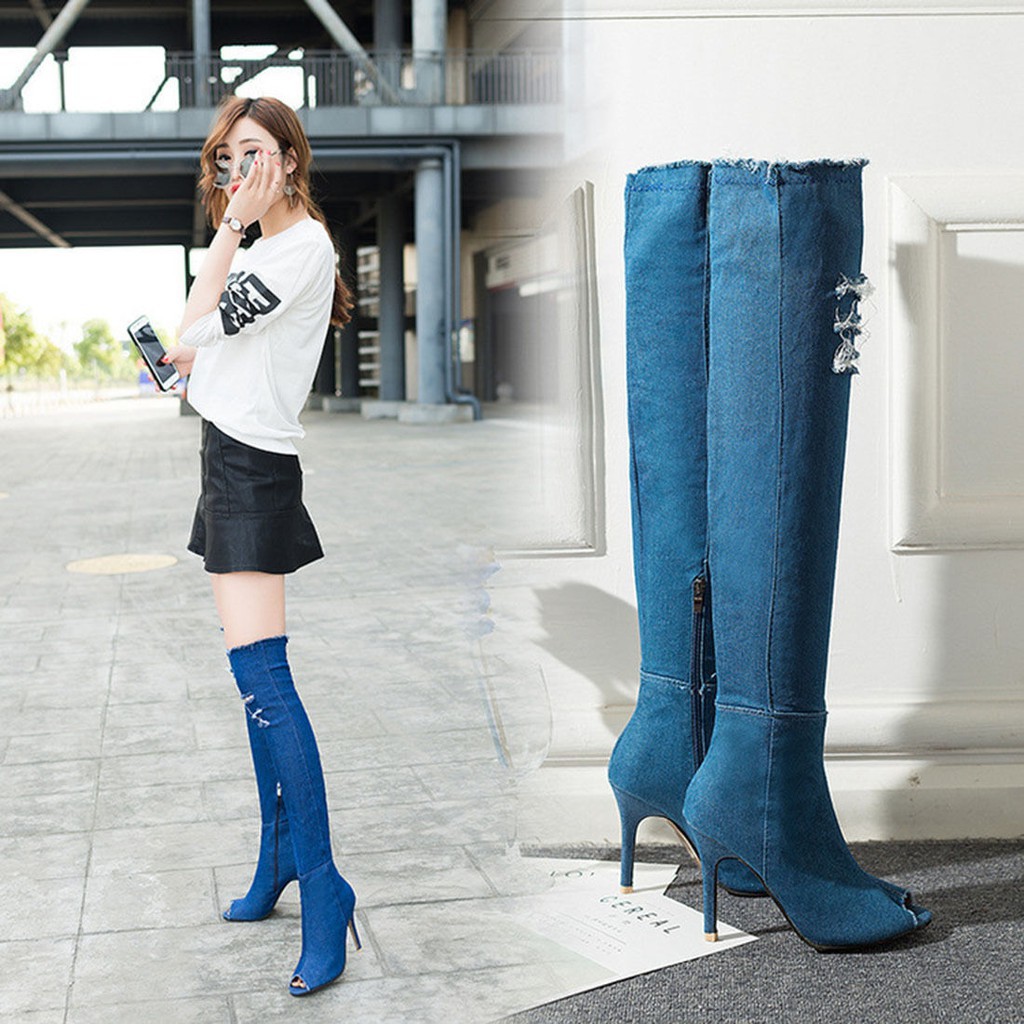 denim thigh high boots