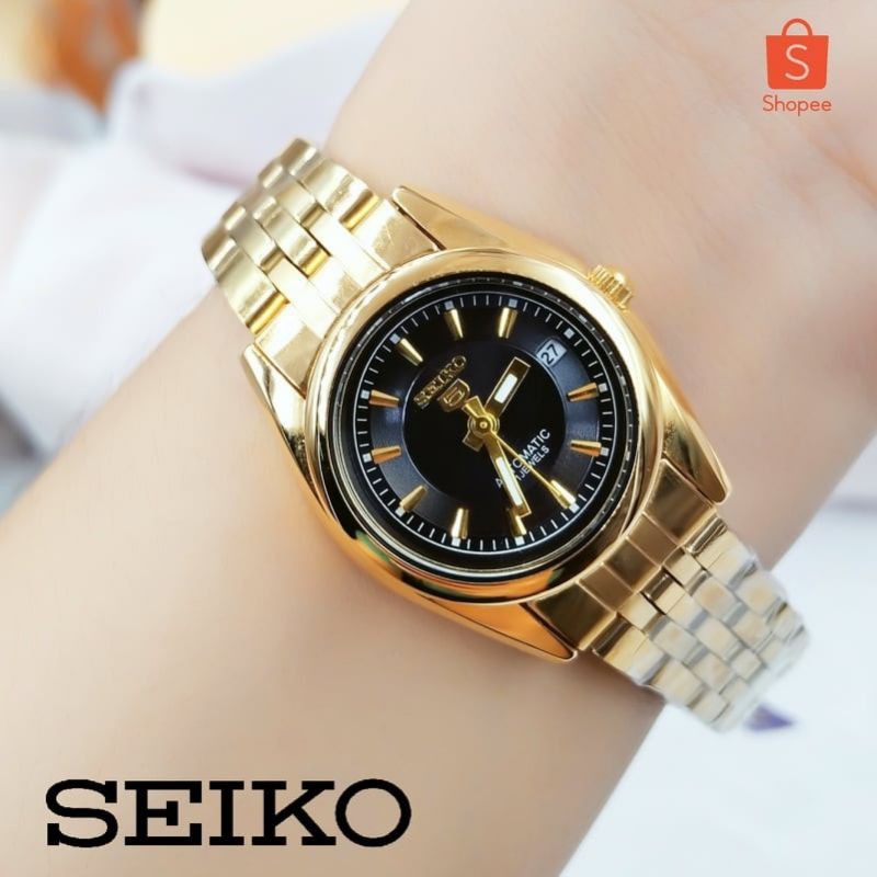 New! SEIKO-5 WATCH Automatic Hand Movement Gold-Black women's Fashion watch  WITH DATE | Shopee Philippines