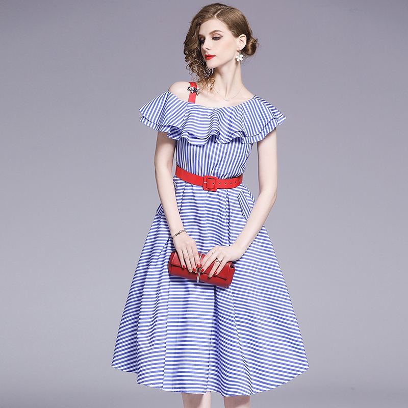 blue dress with white stripe on side