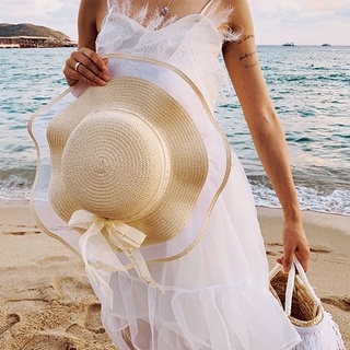 #BHT-01 Wide Brim Bowknot Ribbon Beach Hat Ladies Summer Outdoor Sunshade Breathable