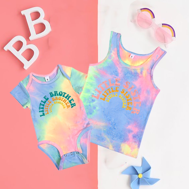 Rainbow Brother Sister Printed Tie Dye Tank Top Baby Romper Summer Sibling Outfit Boy Girl Vest Baby Jumpsuit