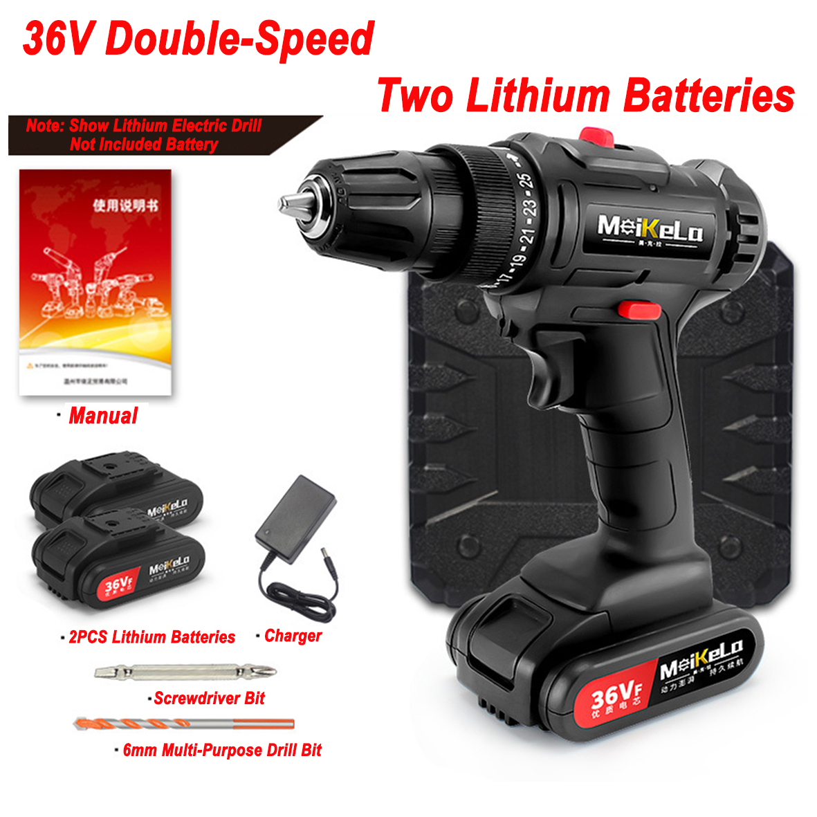 Cordless DC 36VF Lithium Electric Drills DoubleSpeed 2 Batteries Drill