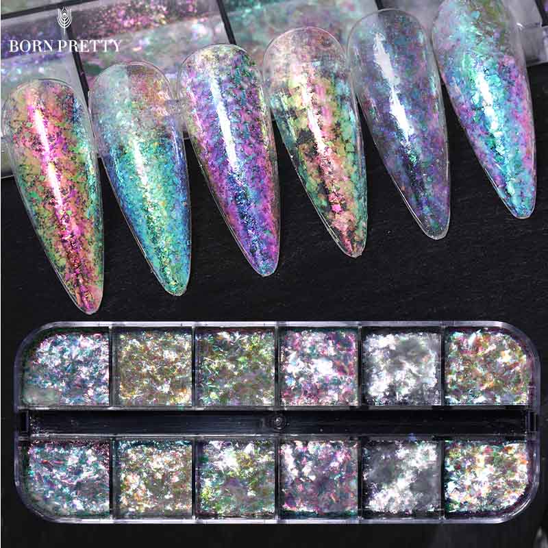 Born Pretty 12 Grids Auroras Nail Flakes Iridescent Colorful Glitter ...