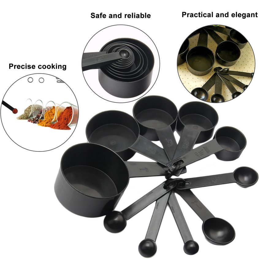 10Pcs Black Plastic Measuring Spoons Cups Set Measure For Baking Coffee Tools