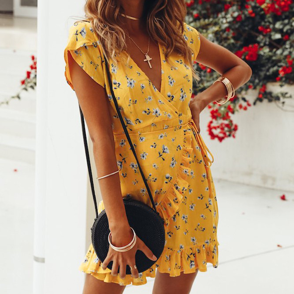 wrap floral mini dresses