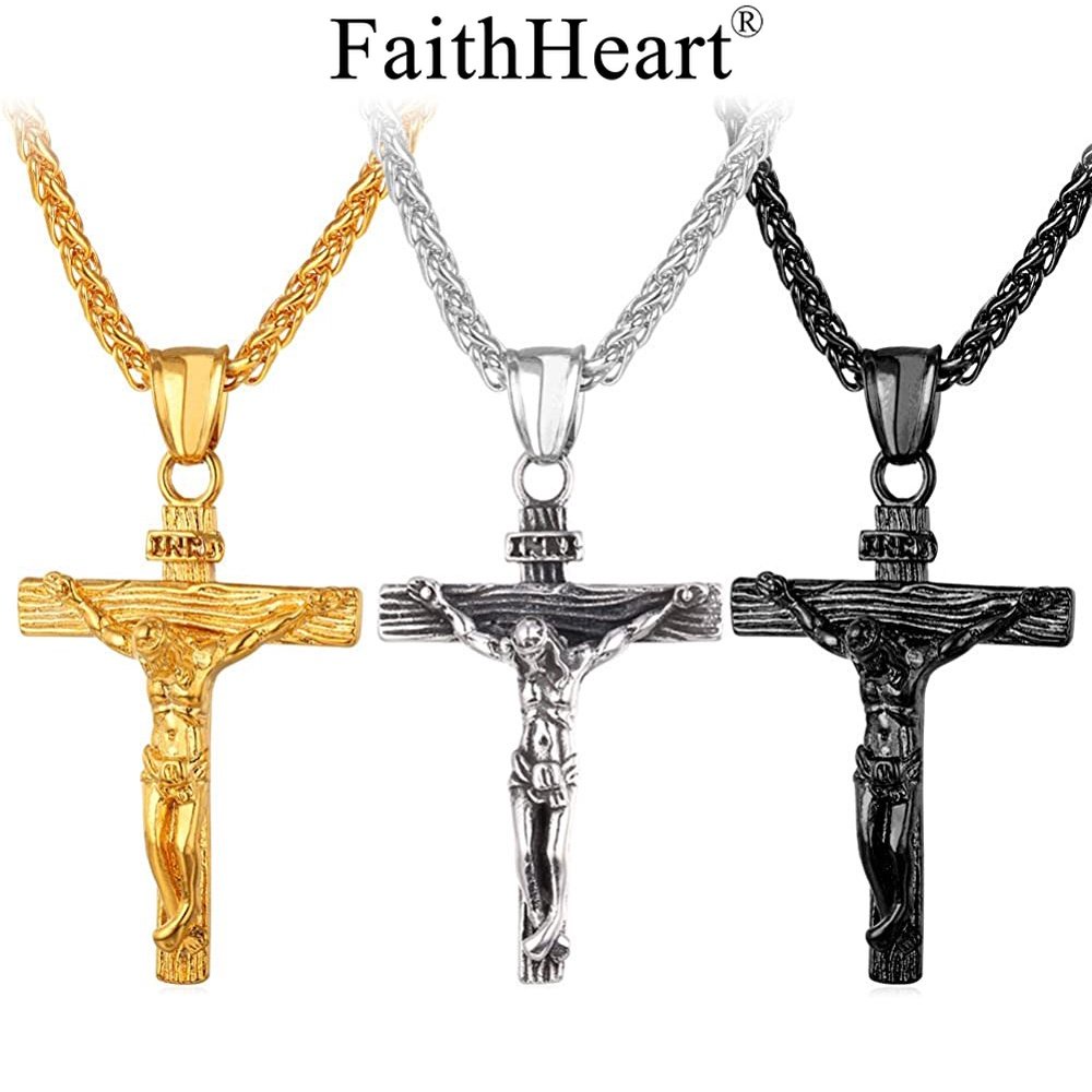 FaithHeart Crucifix Cross Pendant Necklace Men 18K Gold Plated
